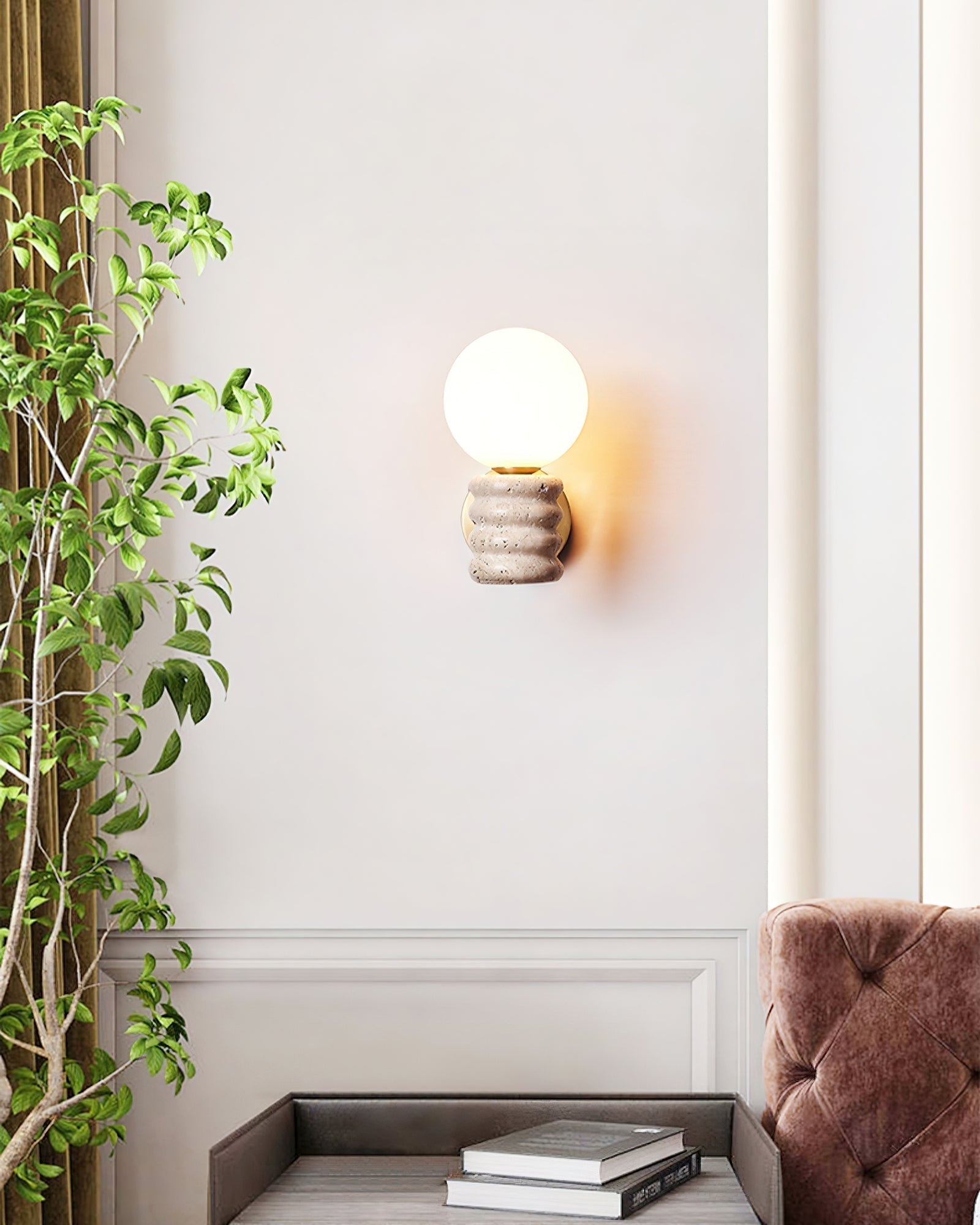 Romus Yellow Travertine Wall Sconce Modern Gold Bracket Light with White Glass Shade
