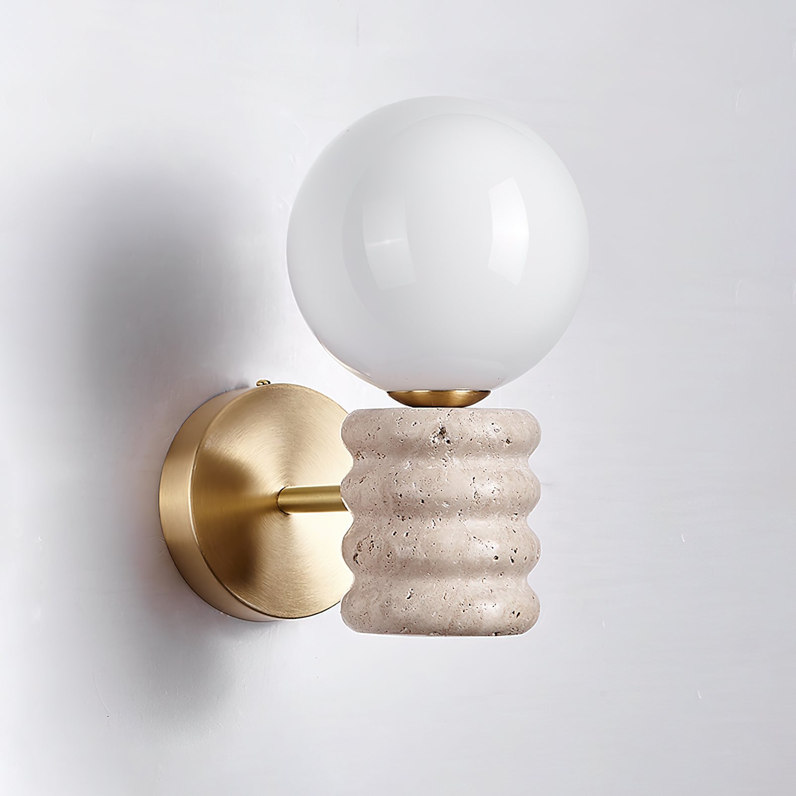 Romus Yellow Travertine Wall Sconce Modern Gold Bracket Light with White Glass Shade