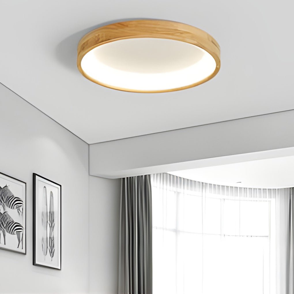 Modern Dimmable Wood LED Ceiling Light Round Flush Mount Fixture for Scandi Interior Decor