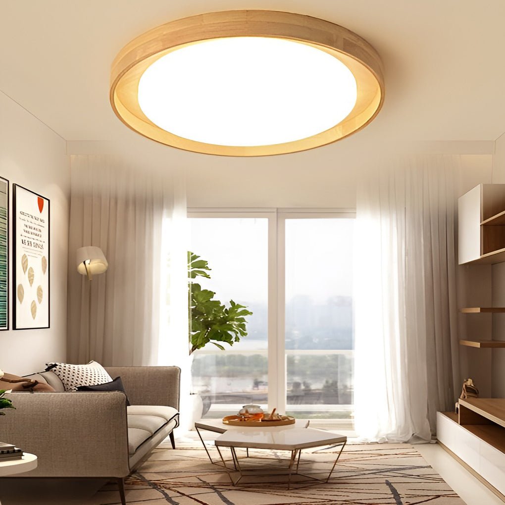 Modern Dimmable Wood LED Ceiling Light Round Flush Mount Fixture for Scandi Interior Decor