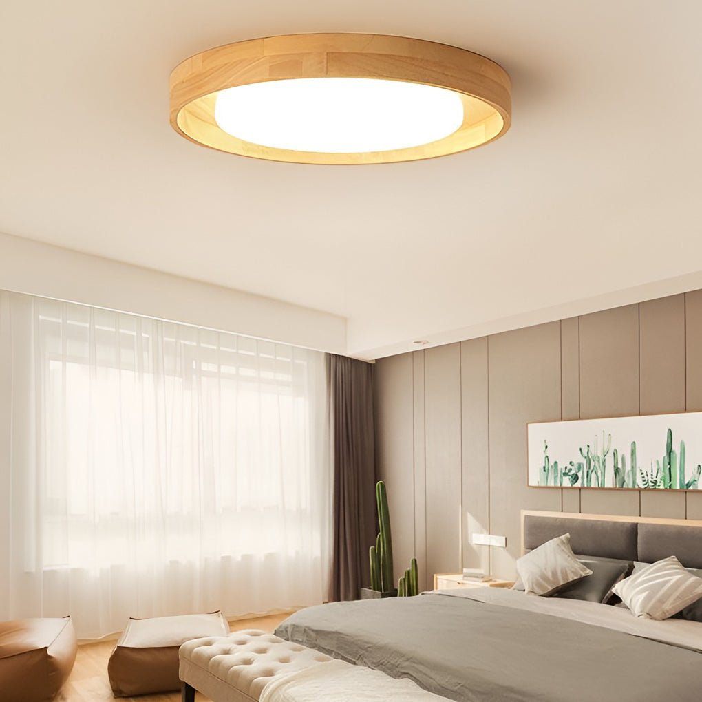 Modern Dimmable Wood LED Ceiling Light Round Flush Mount Fixture for Scandi Interior Decor