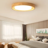 Modern Dimmable Wood LED Ceiling Light Round Flush Mount Fixture for Scandi Interior Decor