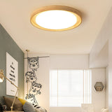 Modern Dimmable Wood LED Ceiling Light Round Flush Mount Fixture for Scandi Interior Decor