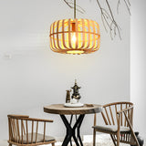 Round Rectangle Bamboo Bird Cage Pendant Light Natural Burlywood Hanging Ceiling Lamp