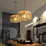 Round Rectangle Bamboo Bird Cage Pendant Light Natural Burlywood Hanging Ceiling Lamp