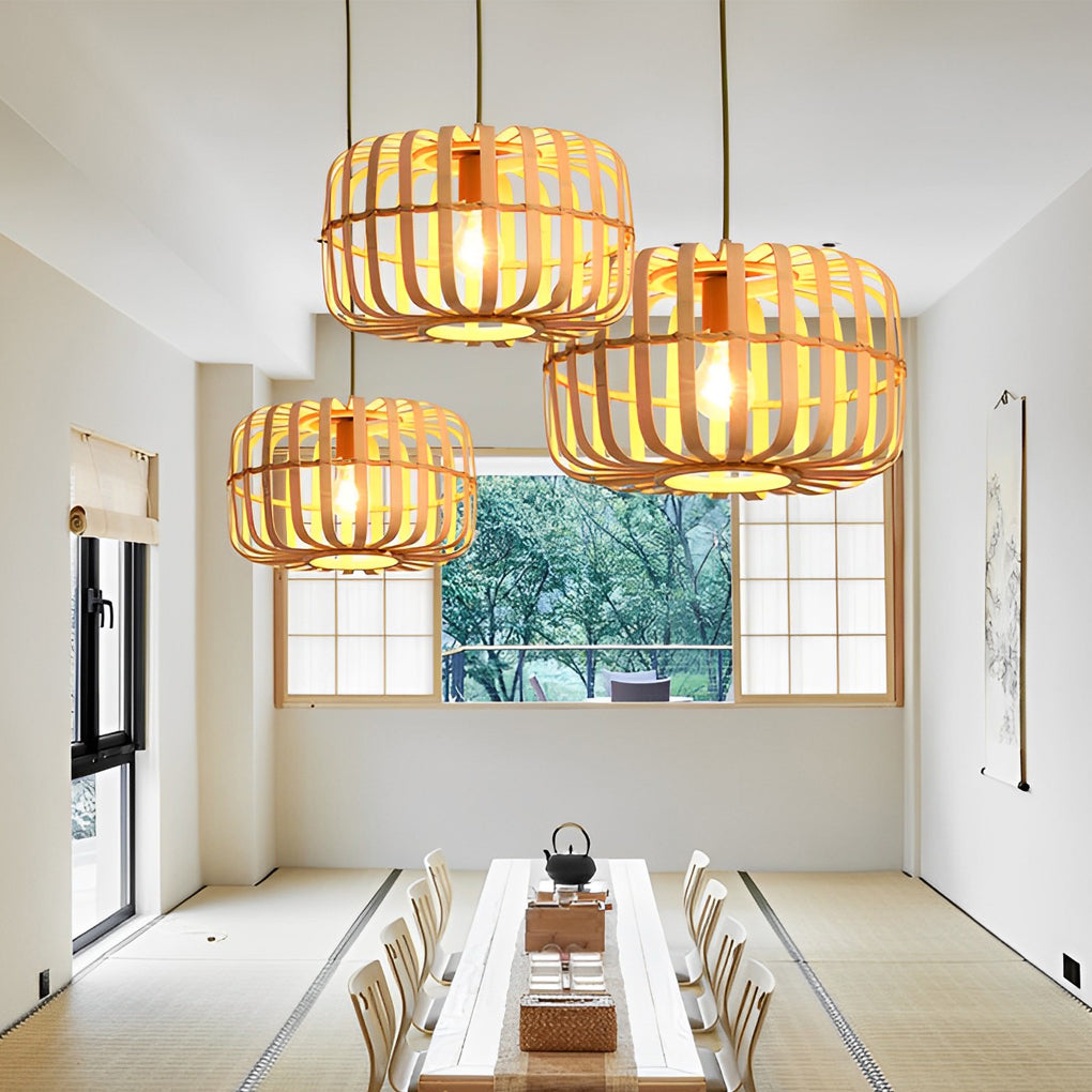 Round Rectangle Bamboo Bird Cage Pendant Light Natural Burlywood Hanging Ceiling Lamp