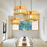 Round Rectangle Bamboo Bird Cage Pendant Light Natural Burlywood Hanging Ceiling Lamp