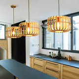 Round Rectangle Bamboo Bird Cage Pendant Light Natural Burlywood Hanging Ceiling Lamp