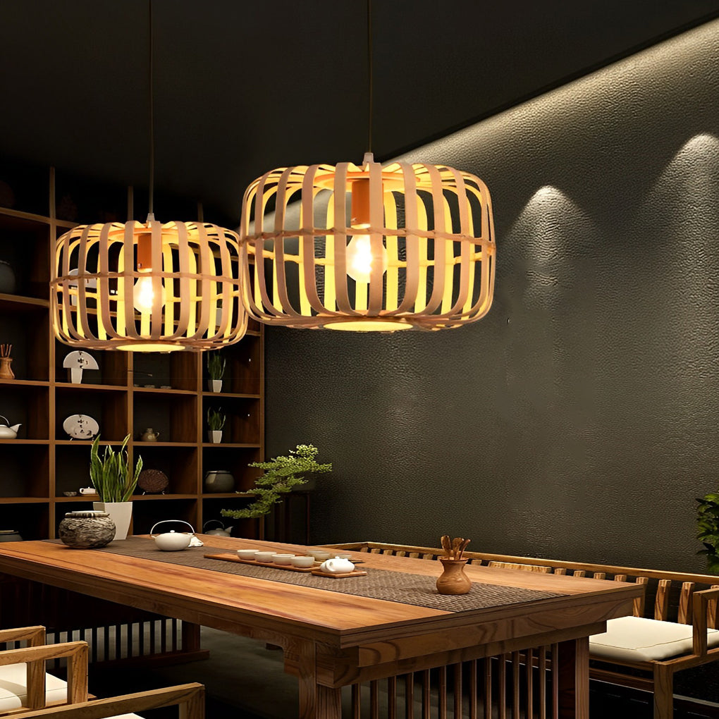 Round Rectangle Bamboo Bird Cage Pendant Light Natural Burlywood Hanging Ceiling Lamp
