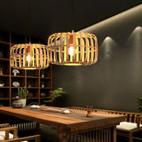 Round Rectangle Bamboo Bird Cage Pendant Light Natural Burlywood Hanging Ceiling Lamp