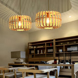 Round Rectangle Bamboo Bird Cage Pendant Light Natural Burlywood Hanging Ceiling Lamp