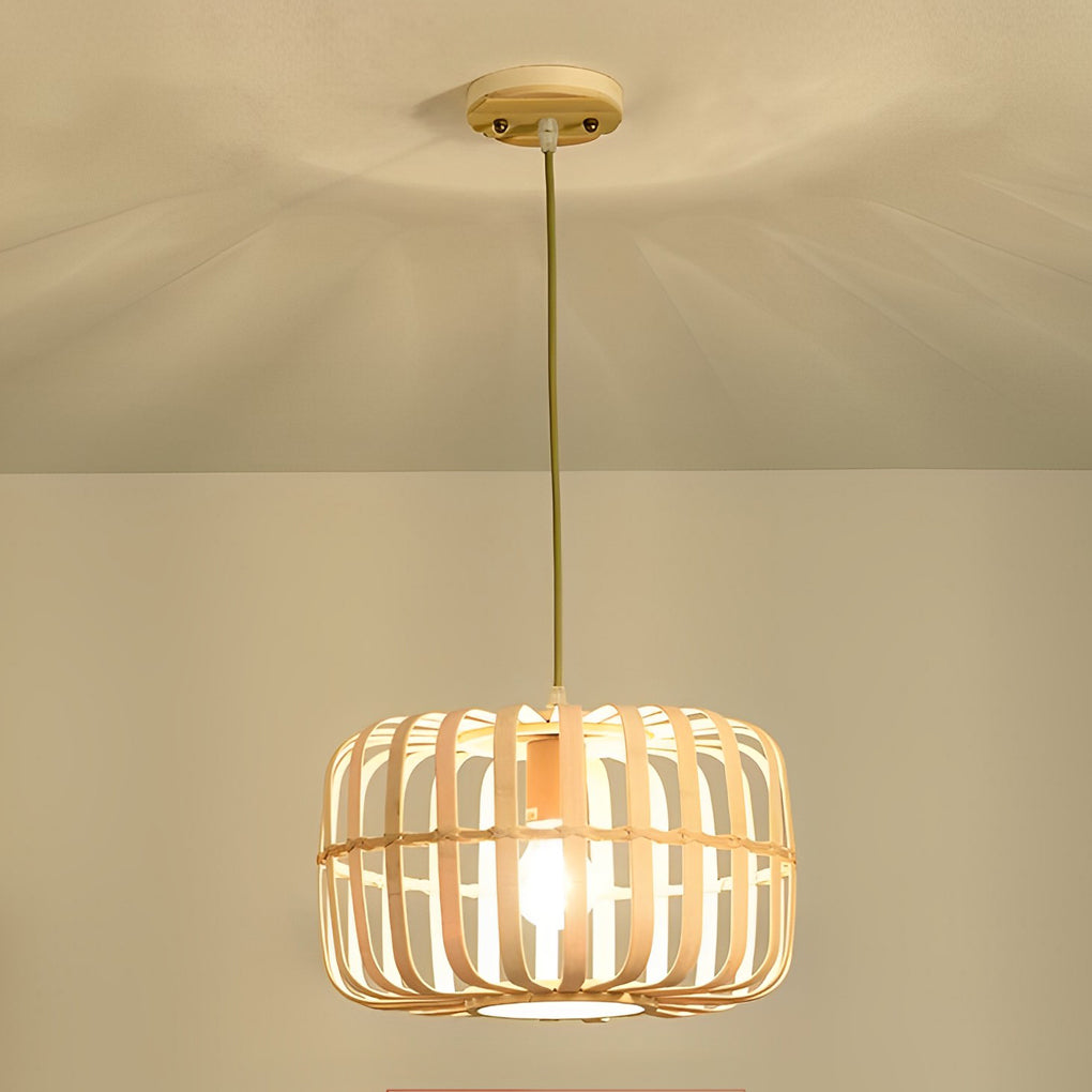 Round Rectangle Bamboo Bird Cage Pendant Light Natural Burlywood Hanging Ceiling Lamp