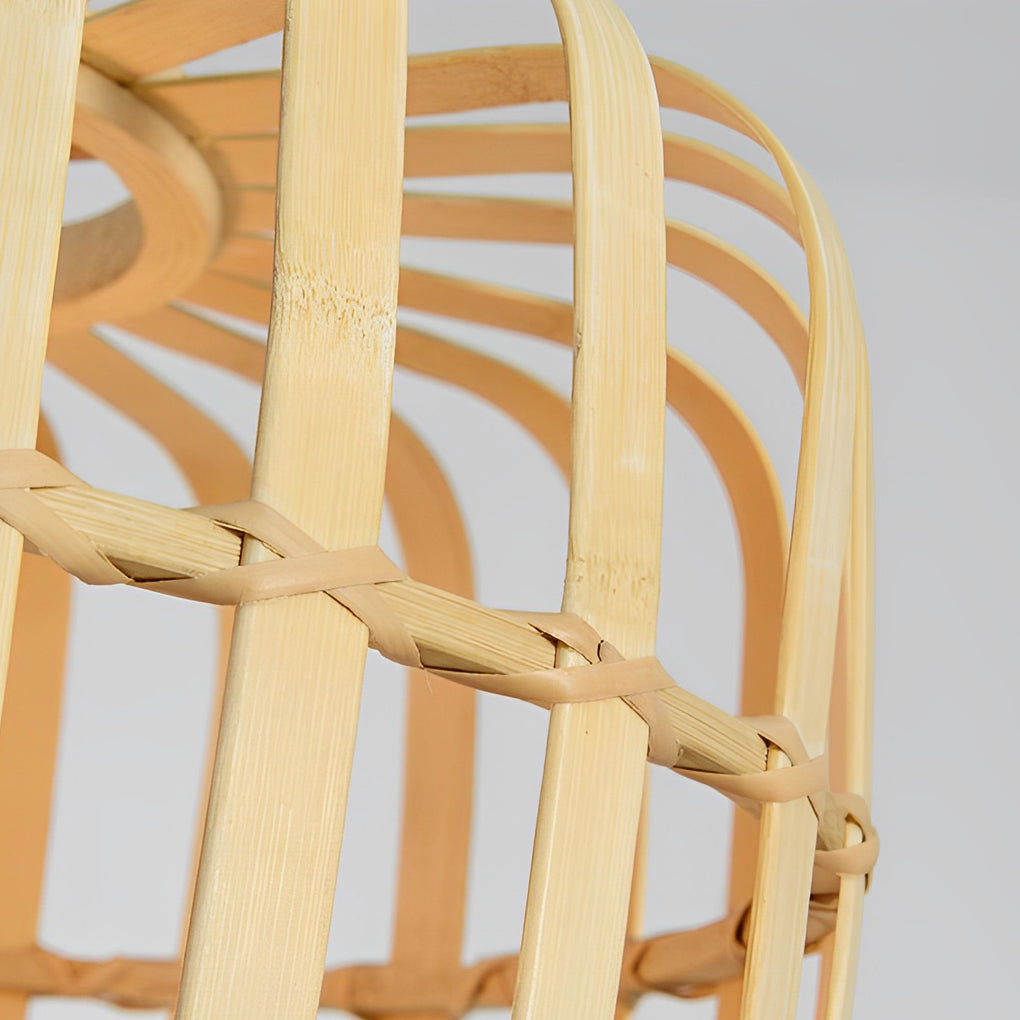 Round Rectangle Bamboo Bird Cage Pendant Light Natural Burlywood Hanging Ceiling Lamp