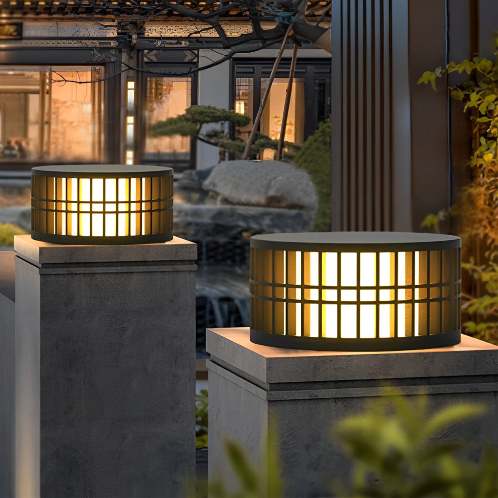 Round Solar Powered Fence Post Lights Modern Black Outdoor LED Garden Pillar Lamp Waterproof