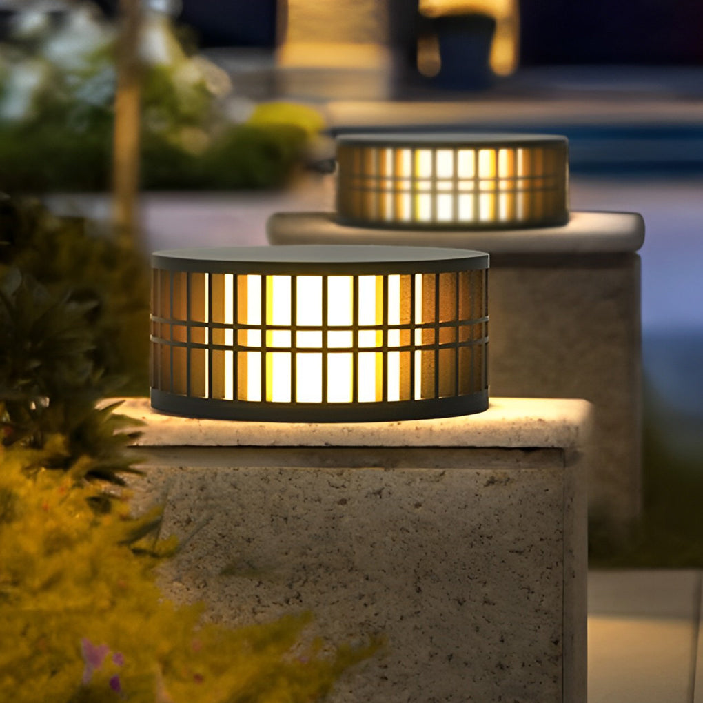 Round Solar Powered Fence Post Lights Modern Black Outdoor LED Garden Pillar Lamp Waterproof