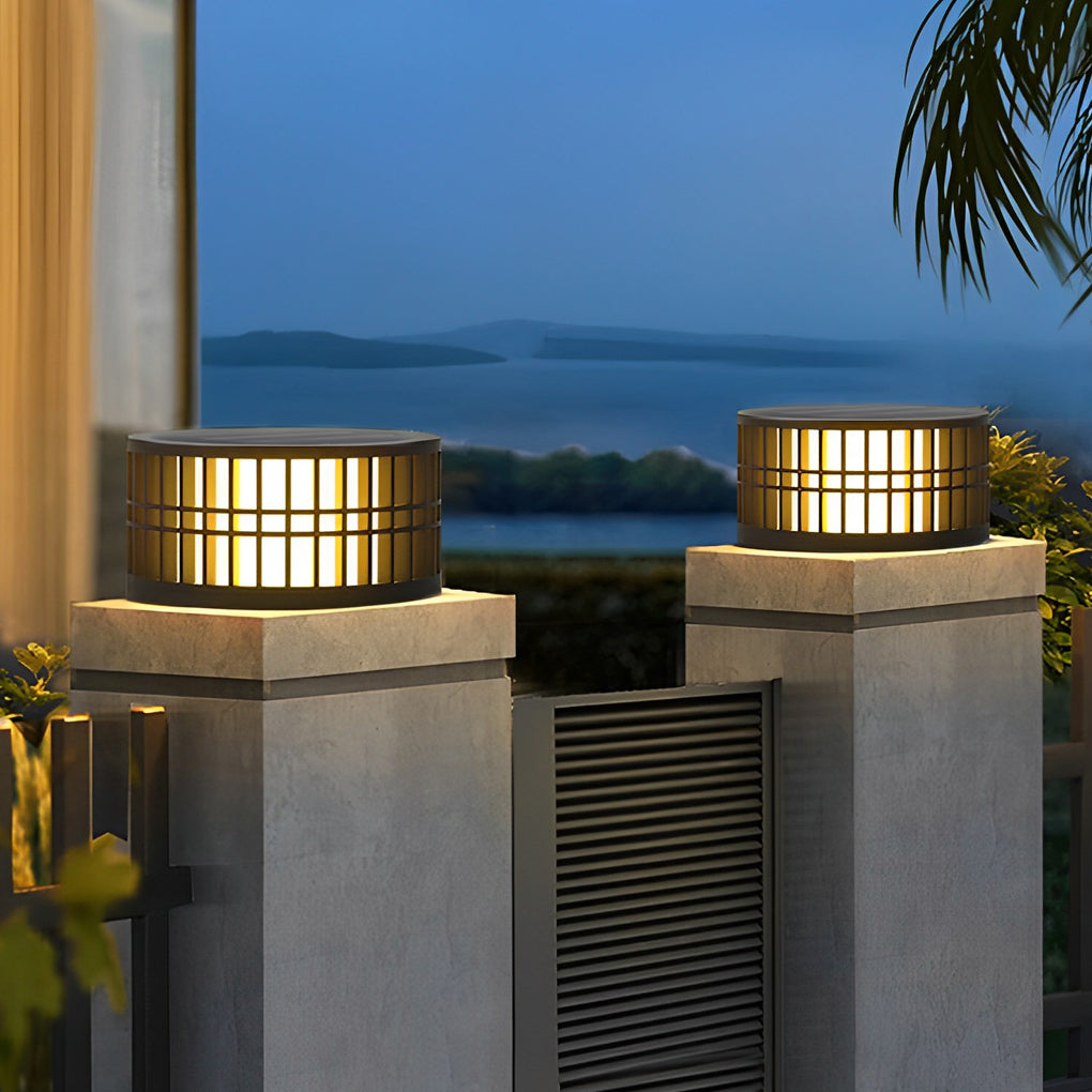 Round Solar Powered Fence Post Lights Modern Black Outdoor LED Garden Pillar Lamp Waterproof