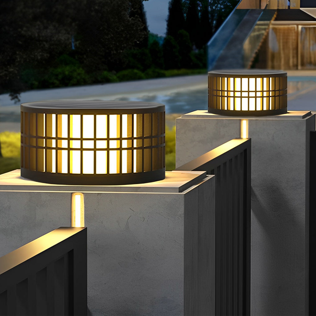 Round Solar Powered Fence Post Lights Modern Black Outdoor LED Garden Pillar Lamp Waterproof