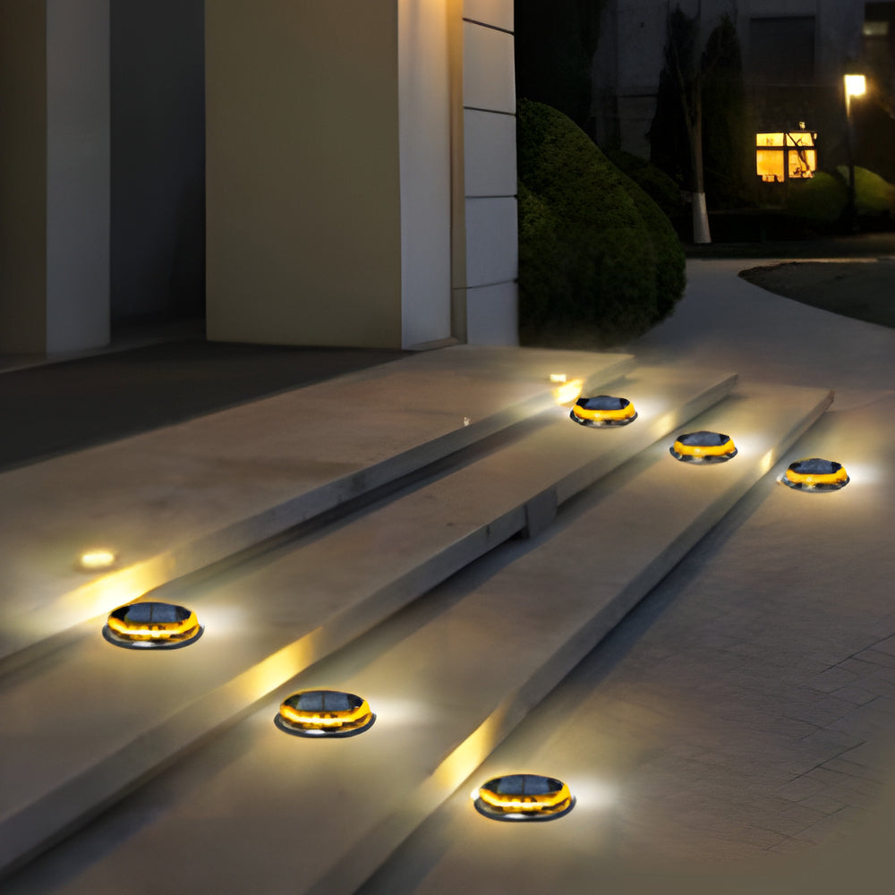 Round Solar Powered LED In Ground Path Lights 4 Pack for Outdoor Garden Walkways and Lawns Black