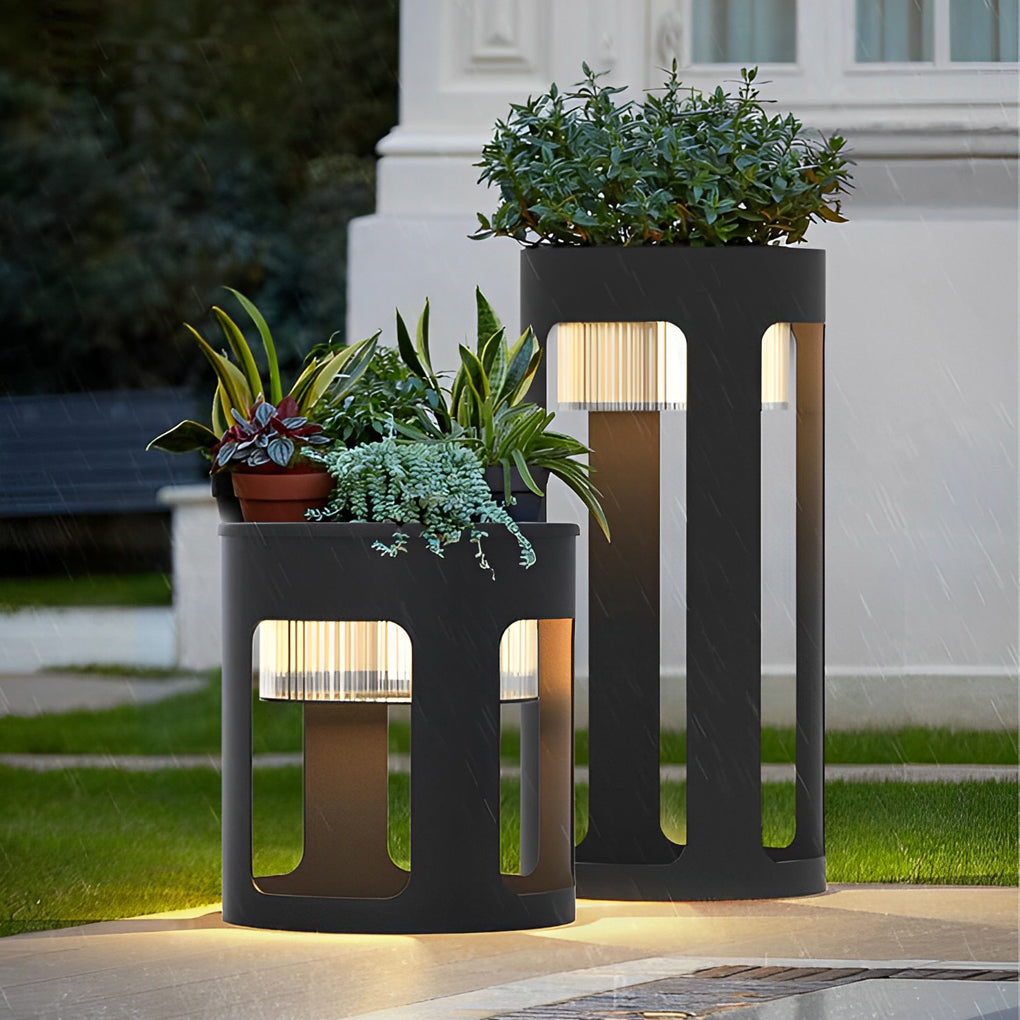 Round Solar Powered Outdoor LED Floor Lamp Waterproof Modern Black Garden Path Light
