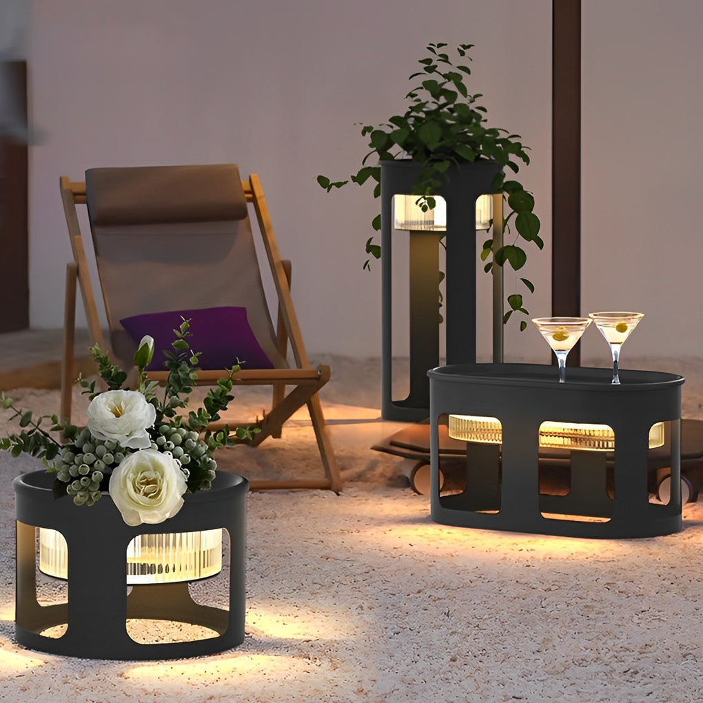 Round Solar Powered Outdoor LED Floor Lamp Waterproof Modern Black Garden Path Light