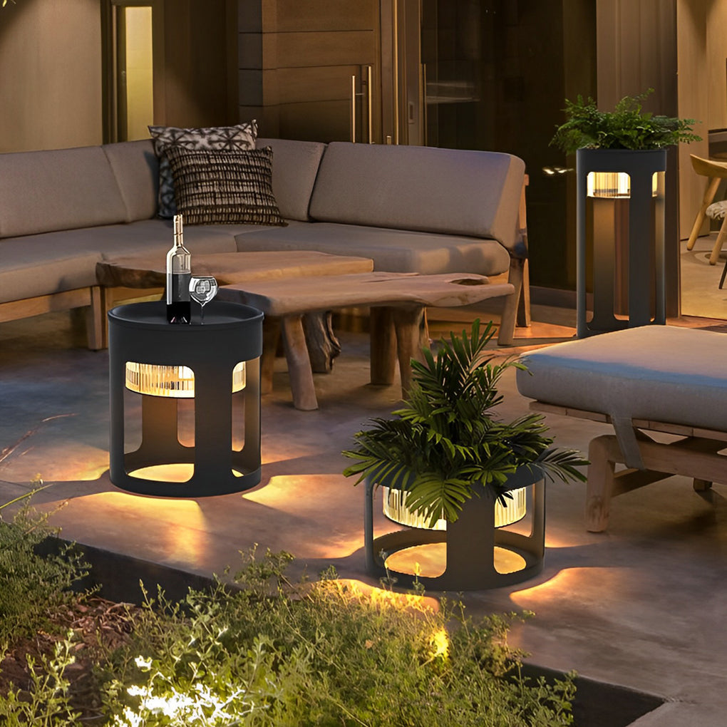 Round Solar Powered Outdoor LED Floor Lamp Waterproof Modern Black Garden Path Light