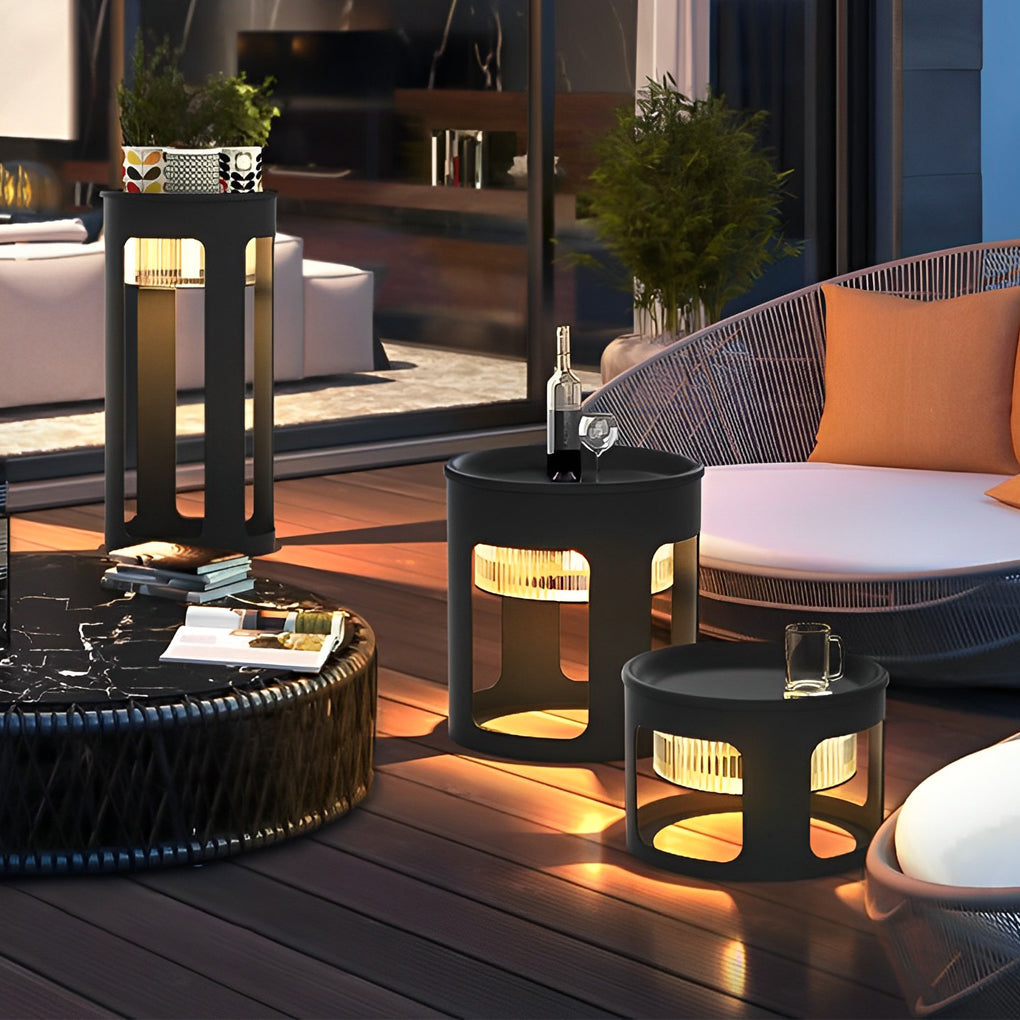 Round Solar Powered Outdoor LED Floor Lamp Waterproof Modern Black Garden Path Light