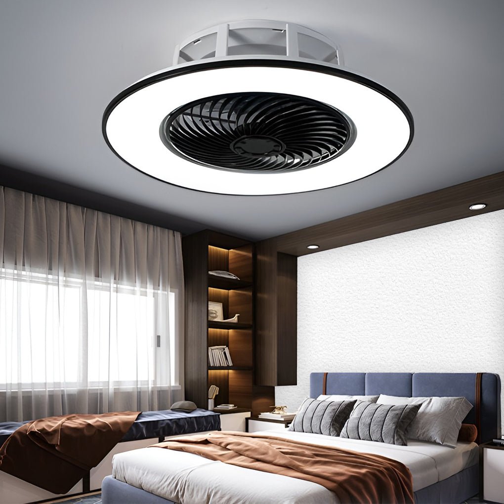 Modern Black Round Bladeless Ceiling Fan with Stepless Dimmable LED Light and Remote Control