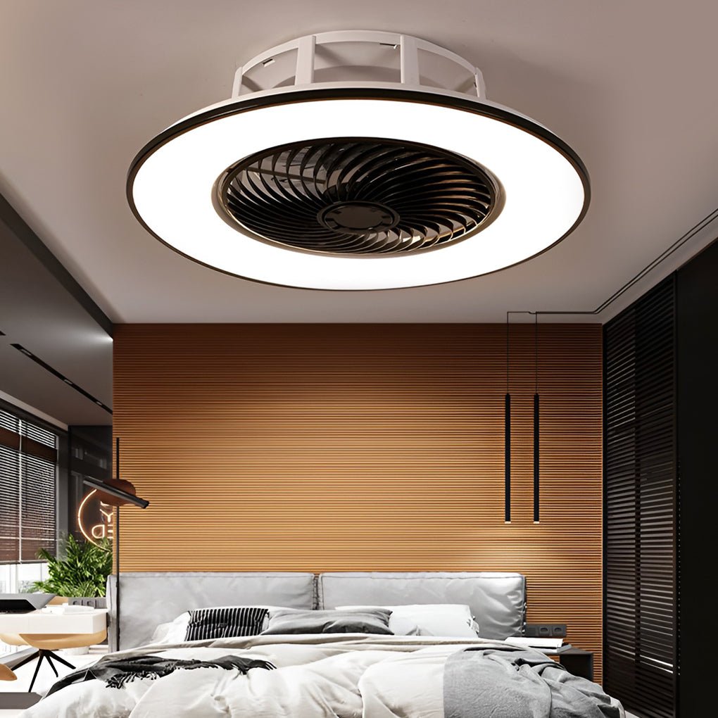 Modern Black Round Bladeless Ceiling Fan with Stepless Dimmable LED Light and Remote Control