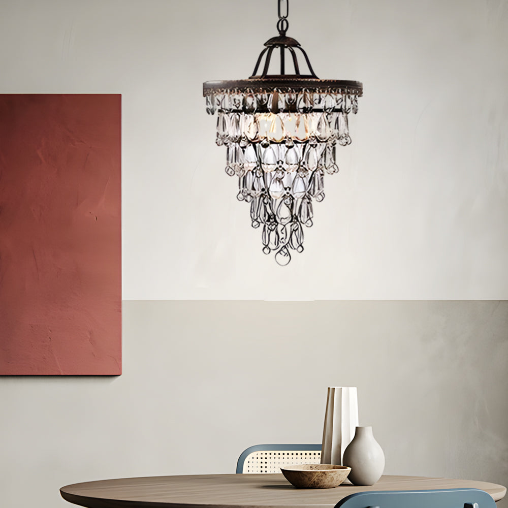 Round Tiered Crystal Water Drop Chandelier with Aged Gold Metal Frame and Teardrop Glass Accents