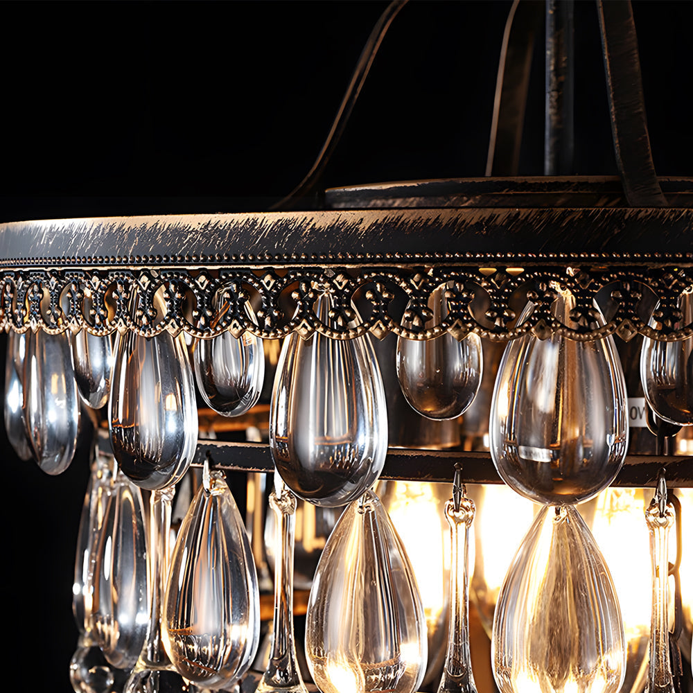 Round Tiered Crystal Water Drop Chandelier with Aged Gold Metal Frame and Teardrop Glass Accents