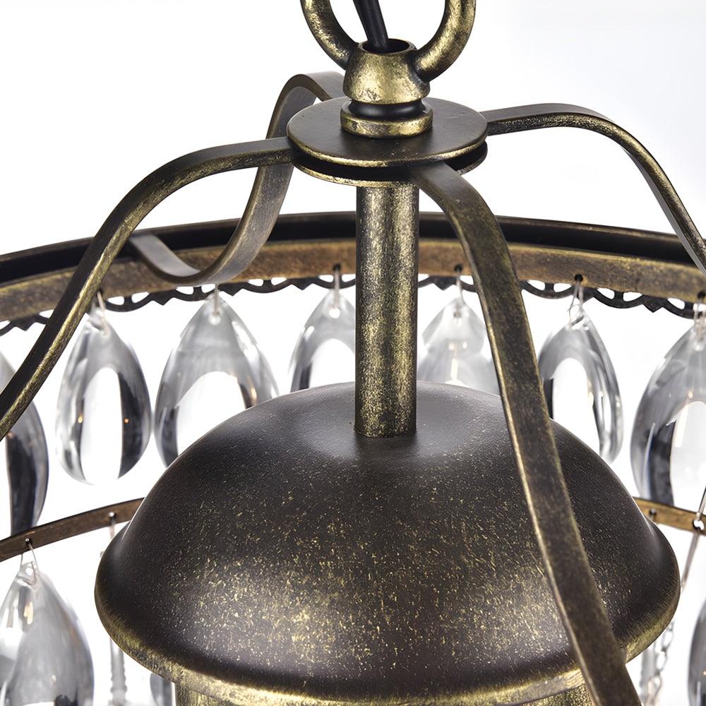 Round Tiered Crystal Water Drop Chandelier with Aged Gold Metal Frame and Teardrop Glass Accents