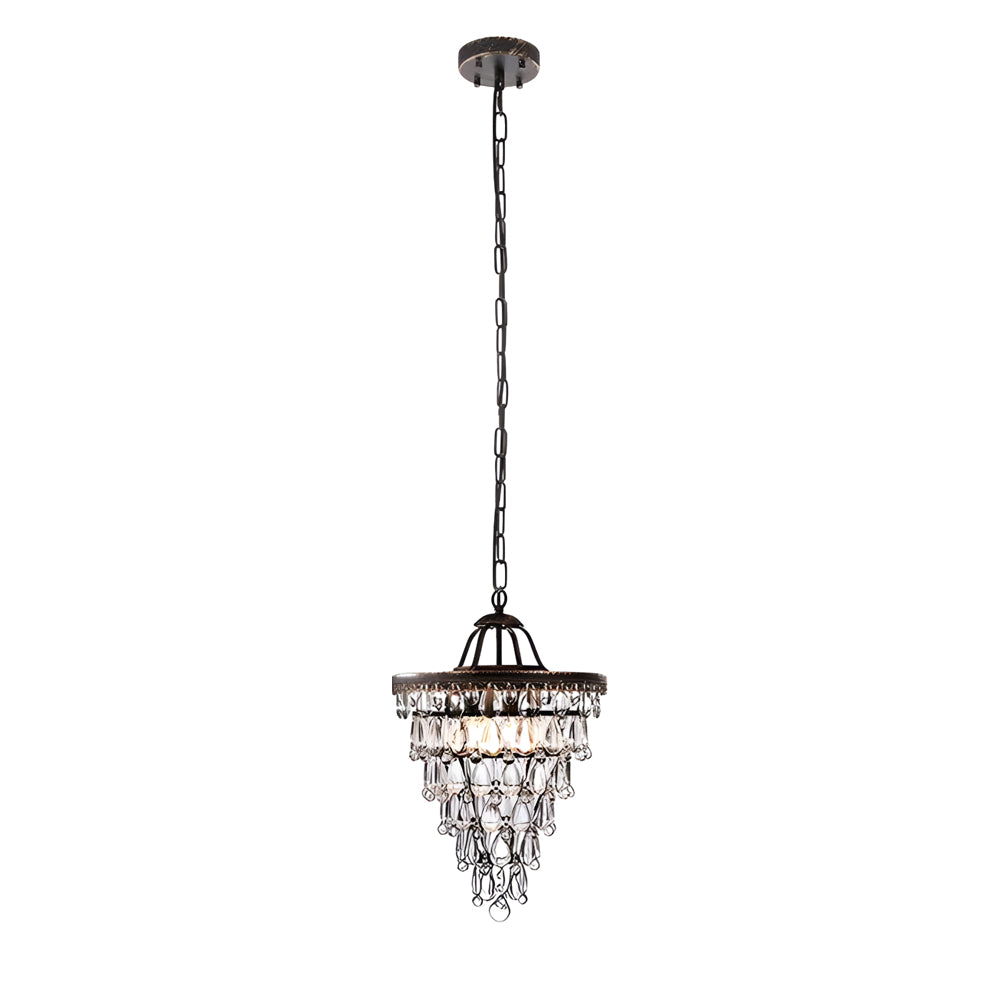 Round Tiered Crystal Water Drop Chandelier with Aged Gold Metal Frame and Teardrop Glass Accents