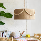 Round Wood Bead Chandelier with Natural Twine Rope and Boho Tassels for Bedroom or Dining Room