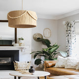 Round Wood Bead Chandelier with Natural Twine Rope and Boho Tassels for Bedroom or Dining Room