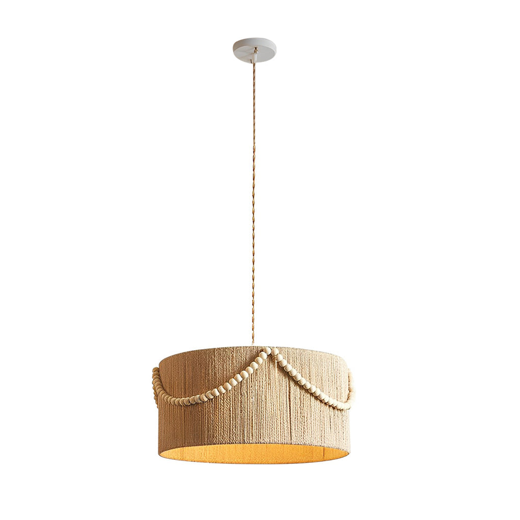 Round Wood Bead Chandelier with Natural Twine Rope and Boho Tassels for Bedroom or Dining Room