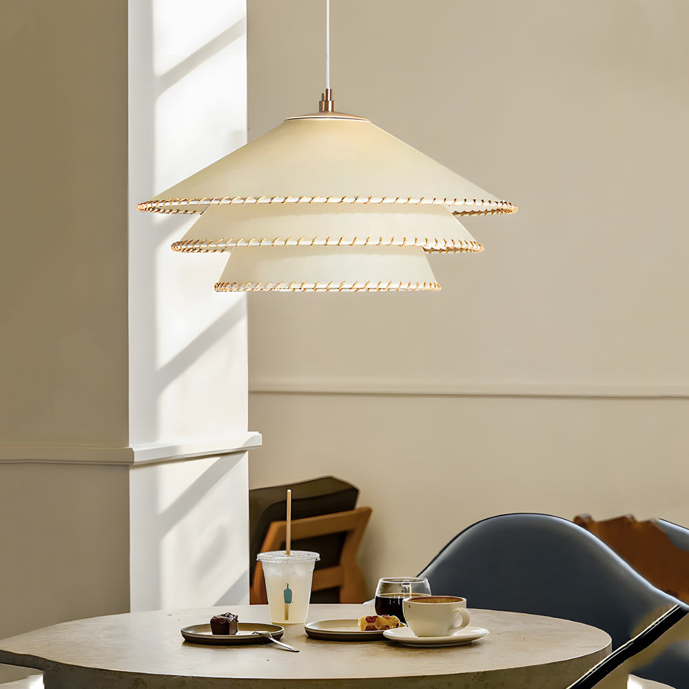 Rustic 3 Tier Parchment Pagoda Pendant Light Gold Metal Hanging Chandelier for Dining Room and Bedroom