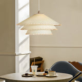 Rustic 3 Tier Parchment Pagoda Pendant Light Gold Metal Hanging Chandelier for Dining Room and Bedroom