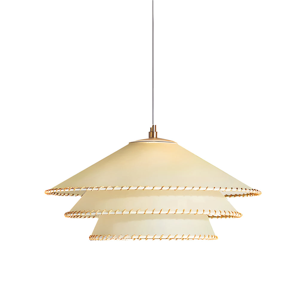 Rustic 3 Tier Parchment Pagoda Pendant Light Gold Metal Hanging Chandelier for Dining Room and Bedroom
