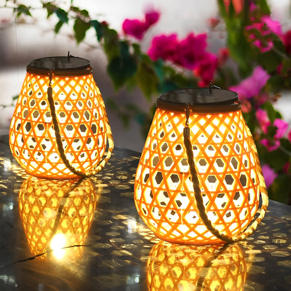Rustic Bamboo Style LED Solar Outdoor Lantern with USB Charging Port for Garden and Patio