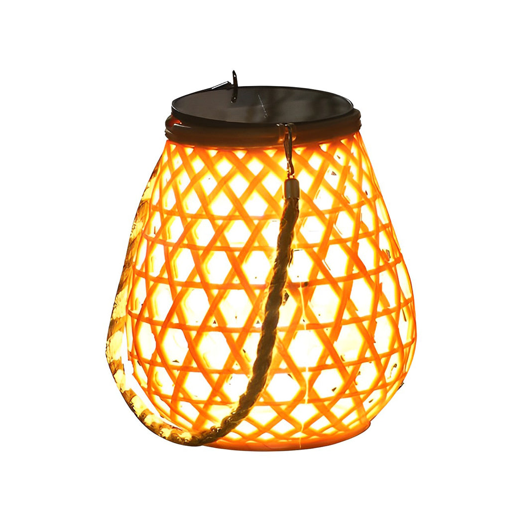 Rustic Bamboo Style LED Solar Outdoor Lantern with USB Charging Port for Garden and Patio