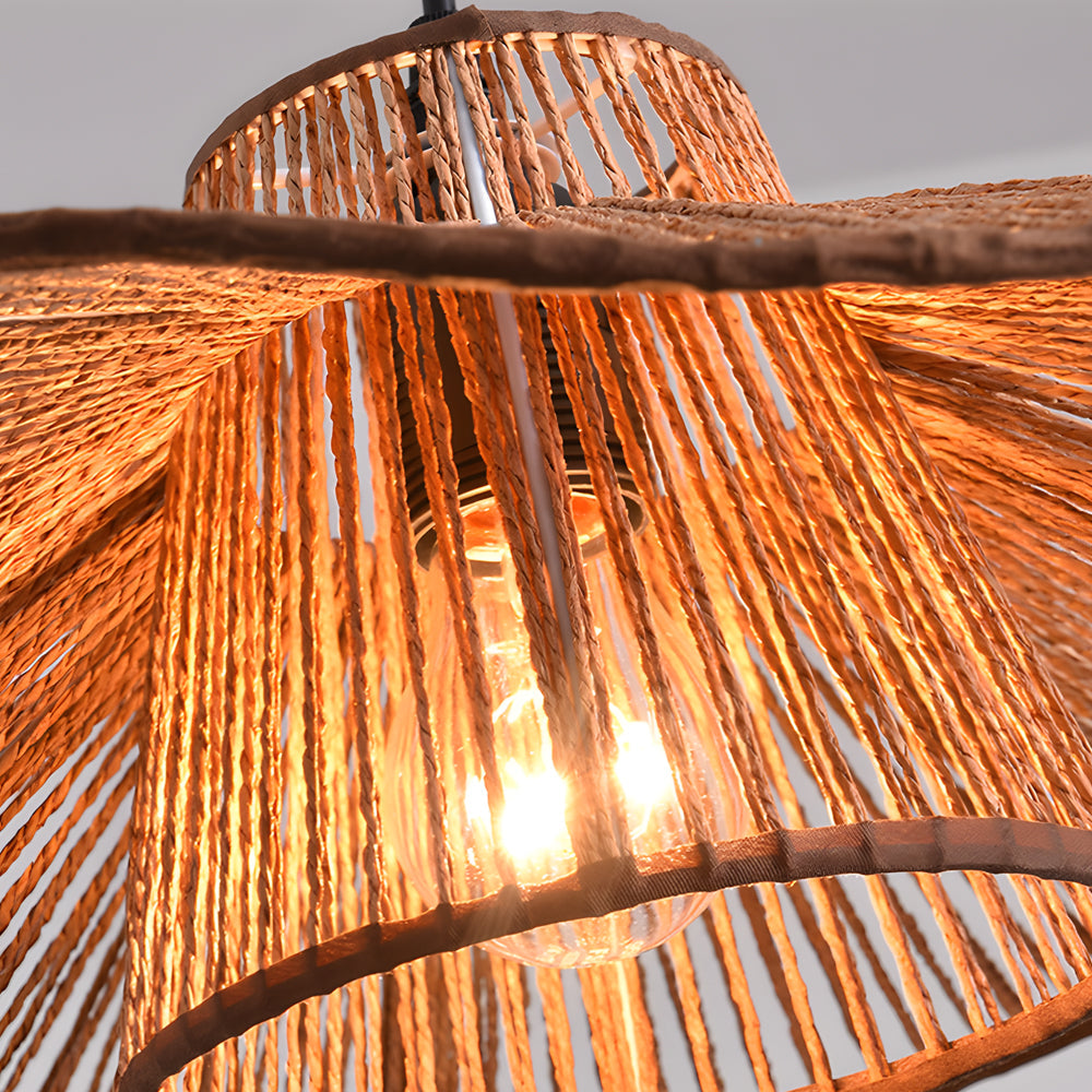 Rustic Double Layer Hemp Rope Weave Umbrella Pendant Light Retro Kitchen Island Ceiling Fixture