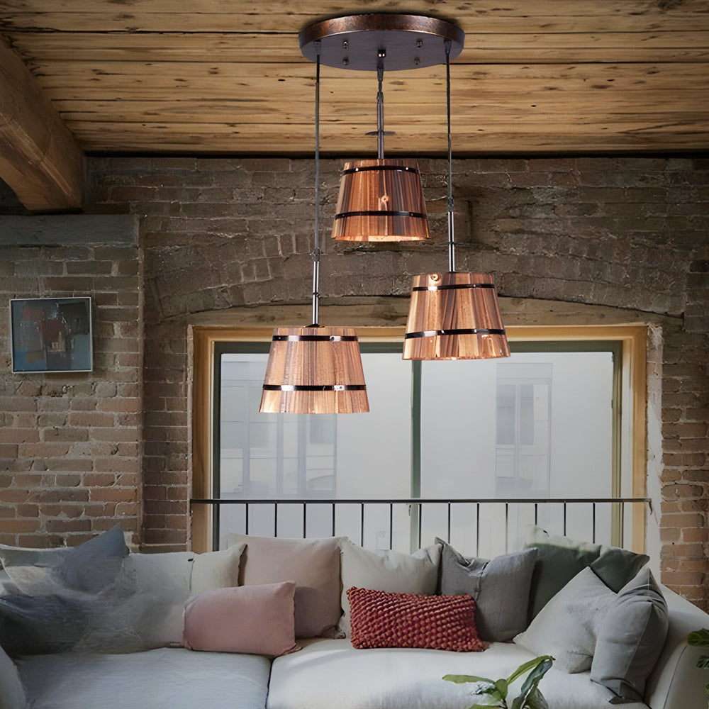 Rustic Industrial Wood Bucket Pendant Lighting for Vintage Restaurant Bar and Cafe