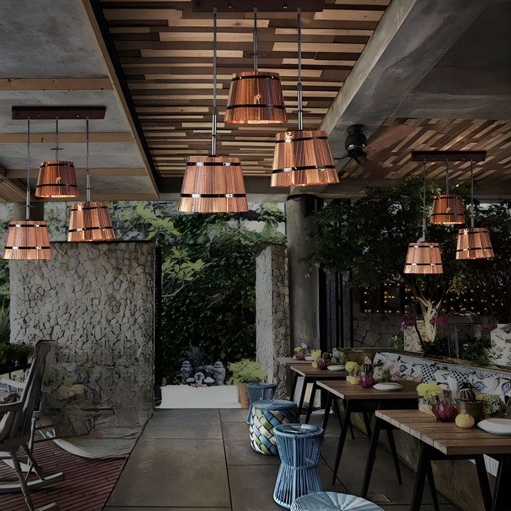 Rustic Industrial Wood Bucket Pendant Lighting for Vintage Restaurant Bar and Cafe