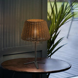 Rustic Outdoor Rattan Table Lamp IP65 Waterproof Wicker Shade with Black Stainless Steel Base