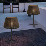 Rustic Outdoor Rattan Table Lamp IP65 Waterproof Wicker Shade with Black Stainless Steel Base