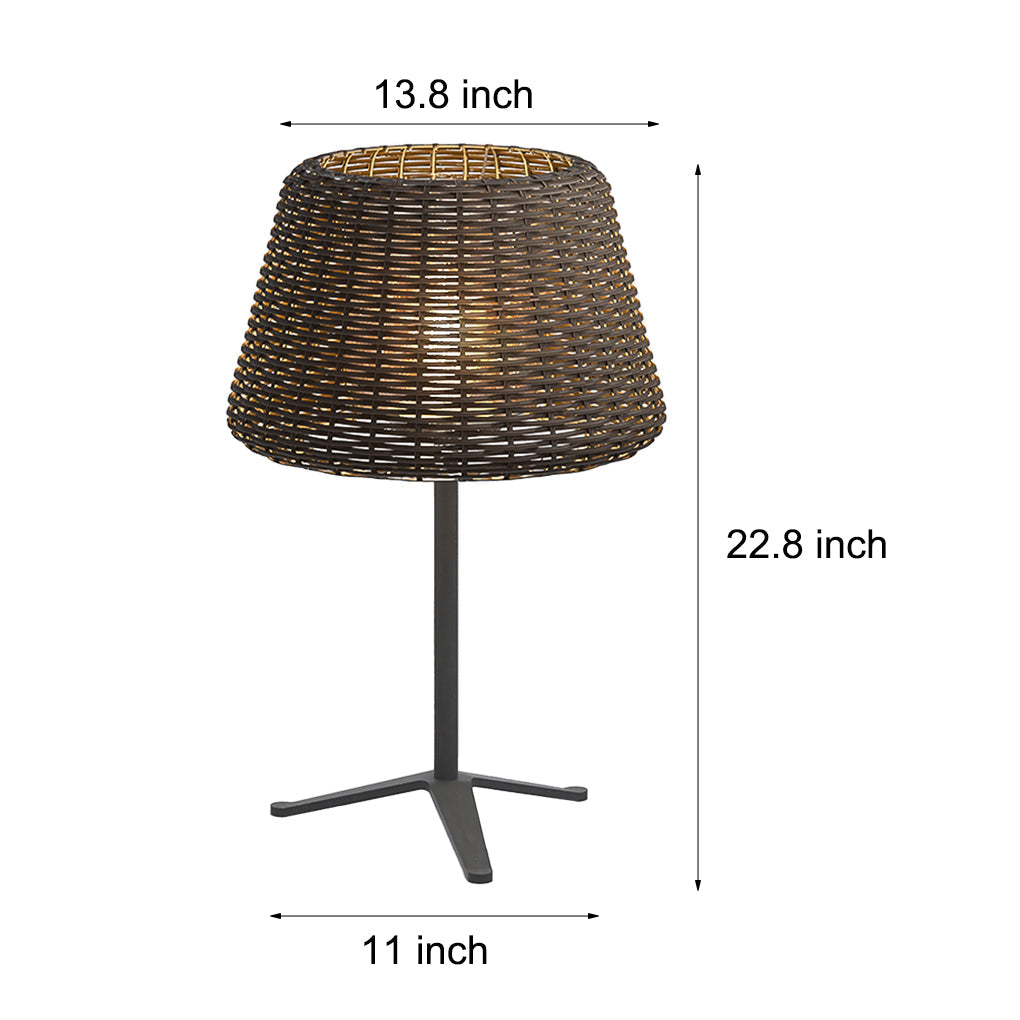Rustic Outdoor Rattan Table Lamp IP65 Waterproof Wicker Shade with Black Stainless Steel Base