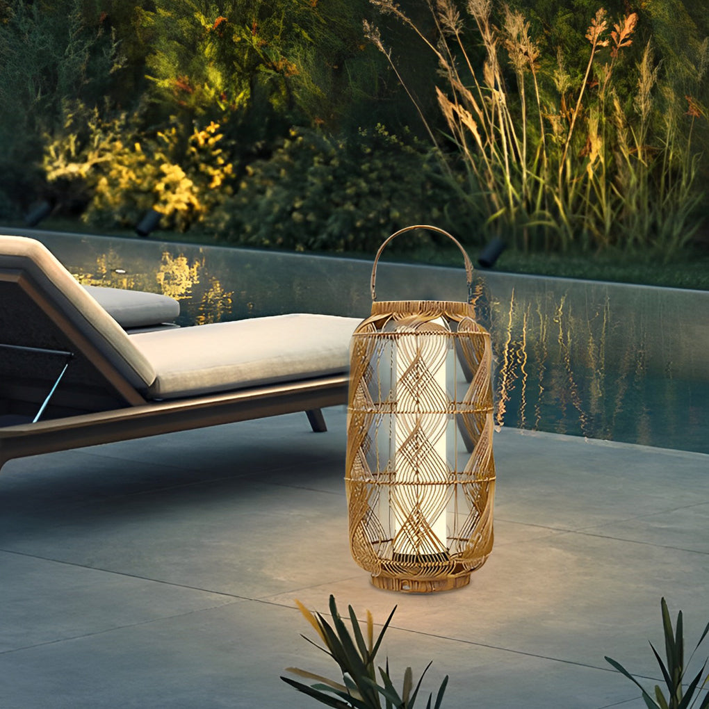 Rustic PE Rattan Portable Solar Powered Floor Lamp for Outdoor Patios and Gardens Warm White LED
