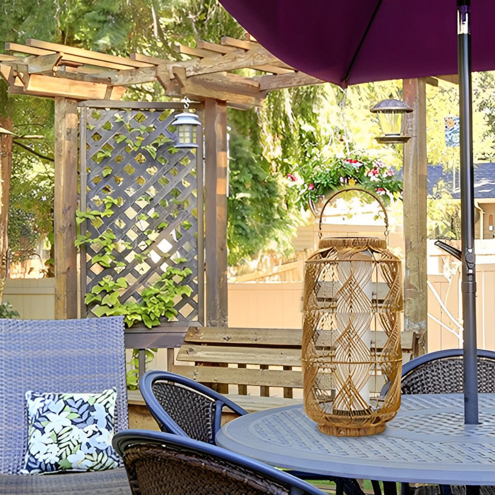 Rustic PE Rattan Portable Solar Powered Floor Lamp for Outdoor Patios and Gardens Warm White LED