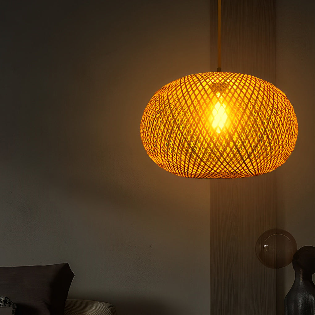 Rustic Round Bamboo Rattan Pendant Light Handmade Woven Hanging Chandelier