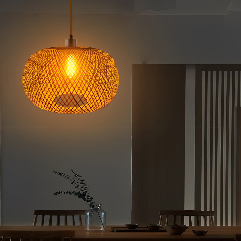 Rustic Round Bamboo Rattan Pendant Light Handmade Woven Hanging Chandelier